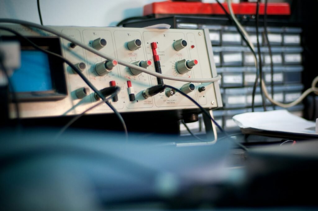 Oscilloscope on an electronics test bench